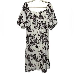 Ophelia Roe NWT White Black Mold Floral Print Puff Sleeve Dress Size Large